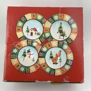 Christmas Earthenware Dessert Plates Winter Scene Snowman Set of 4 Madison Max